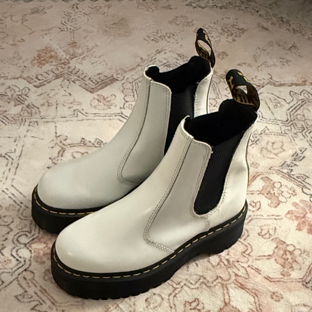 Dr. Martens White Chelsea Platform Boots with Black Elastic